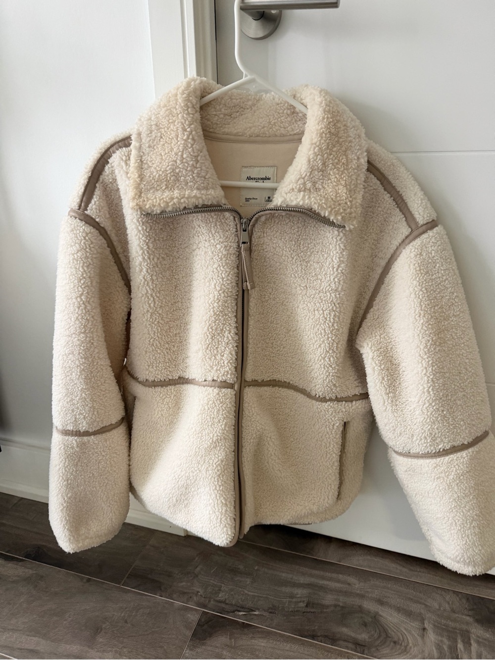 Abercrombie & Fitch Cream Sherpa Zip Jacket with Contrast Piping